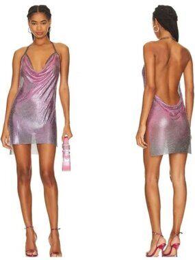 ZARA Duo-Chrome Metallic Chainmail Mini Dress | Purple Green Halter | Size M/L